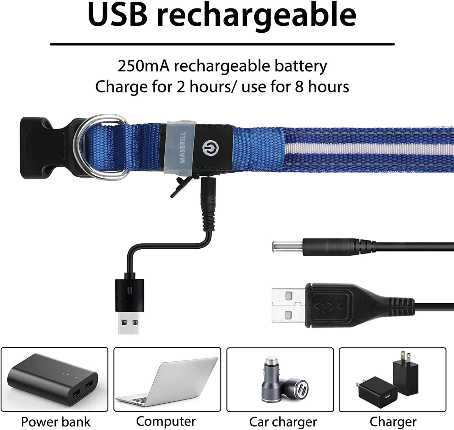 LED Dog Collar – USB Rechargeable, Water-Resistant, 3 Light Modes for Night Walking Safety, Blue, Medium