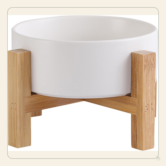 Elevated Ceramic Cat Bowl - Cat Food Bowl with Bamboo Stand - Raised Dog Dish for Puppies - anti Vomiting, Stress Free - 13.5 Oz / 400 Ml - White