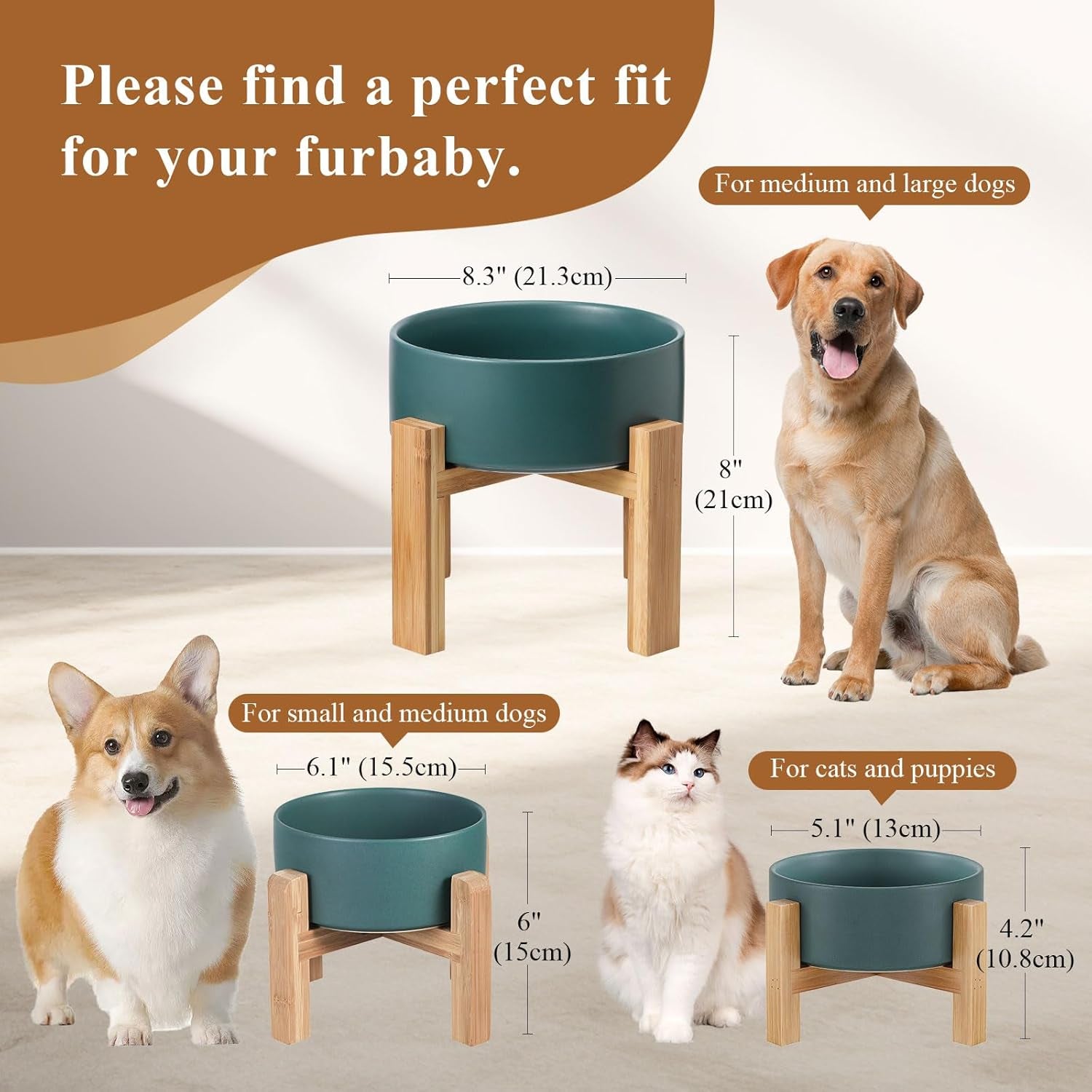 Elevated Ceramic Cat Bowl - Cat Food Bowl with Bamboo Stand - Raised Dog Dish for Puppies - anti Vomiting, Stress Free - 13.5 Oz / 400 Ml - White