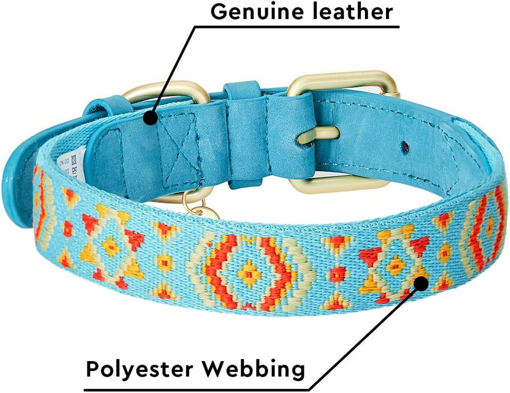 Blueberry Pet Southwestern Tribal Dog Collar – Genuine Leather & Polyester Combo with Metal Buckle, Celeste Blue, Large