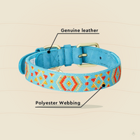 Blueberry Pet Southwestern Tribal Dog Collar – Genuine Leather & Polyester Combo with Metal Buckle, Celeste Blue, Large