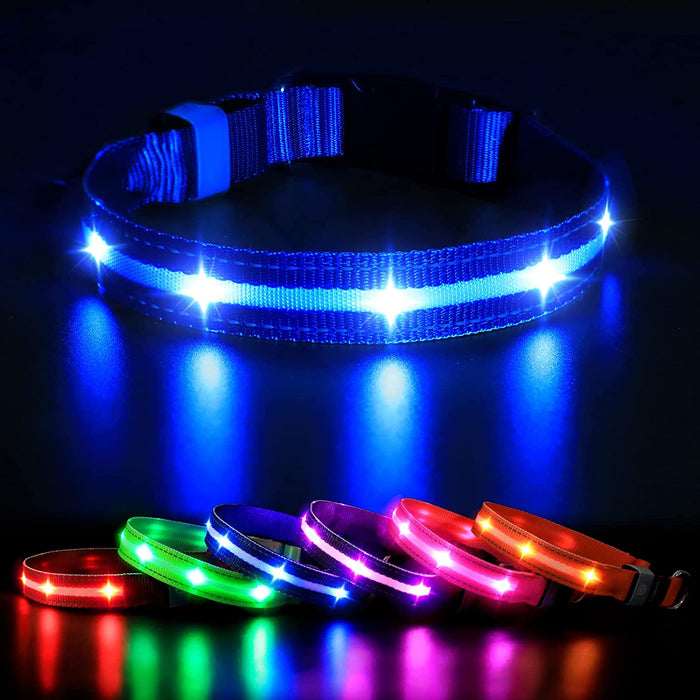 LED Dog Collar – USB Rechargeable, Water-Resistant, 3 Light Modes for Night Walking Safety, Blue, Medium