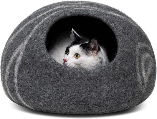 Merino Wool Cat Cave Bed – Handmade Felted Hideaway for Anxious & Indoor Cats