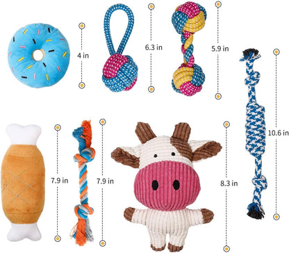 7 Pack Puppy Toy Set – Squeaky Calf Plush, Rope Chew Toys & Teething Toys for Small Dogs