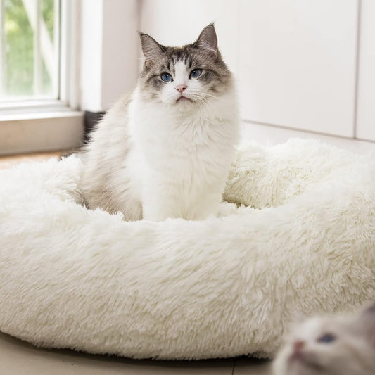 Calming Donut Dog Bed – Anti-Anxiety Faux Fur Bolster Bed for Cats & Dogs