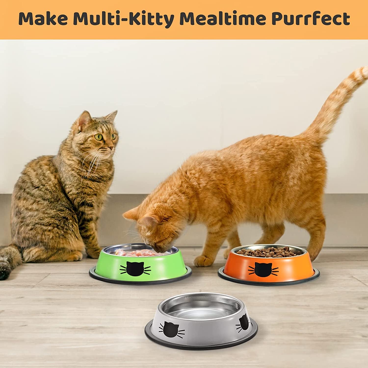 3PCS Pet Bowl Stainless Steel Non-Skid Base Dog Bowl Cat Bowl with 2 Food Scoop (Multicolor)