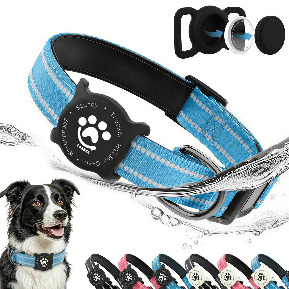 Reflective Dog Collar with Waterproof AirTag Holder & Luminous Safety Buckle