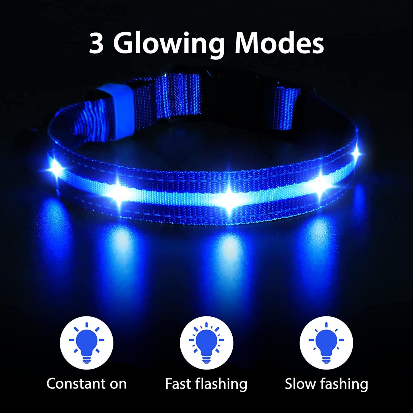 LED Dog Collar – USB Rechargeable, Water-Resistant, 3 Light Modes for Night Walking Safety, Blue, Medium