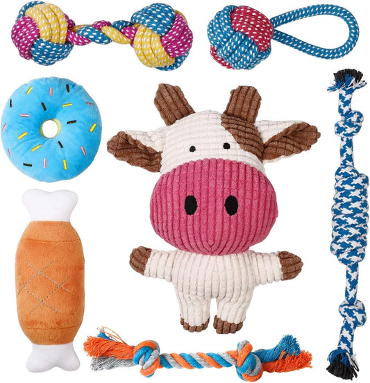 7 Pack Puppy Toy Set – Squeaky Calf Plush, Rope Chew Toys & Teething Toys for Small Dogs
