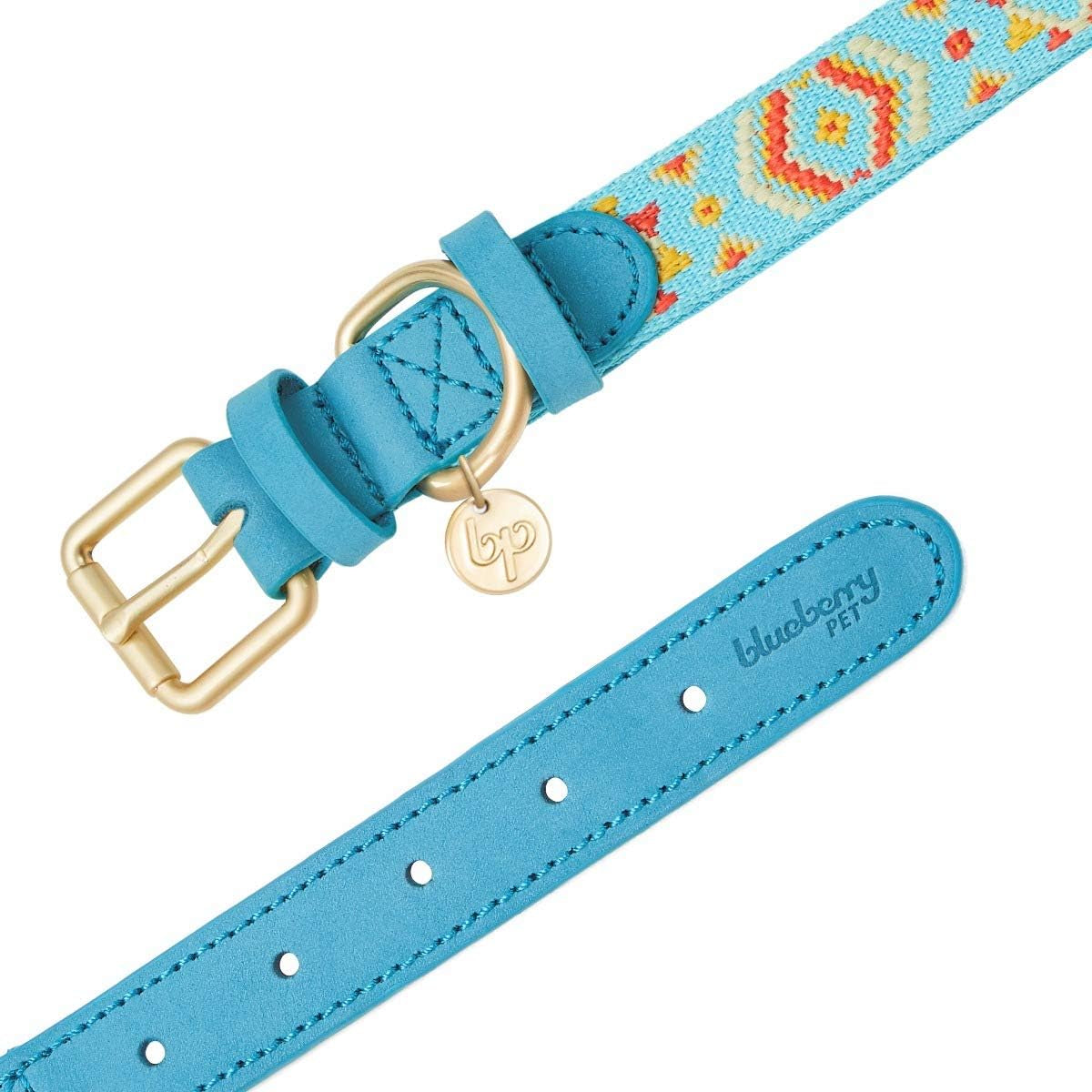 Blueberry Pet Southwestern Tribal Dog Collar – Genuine Leather & Polyester Combo with Metal Buckle, Celeste Blue, Large