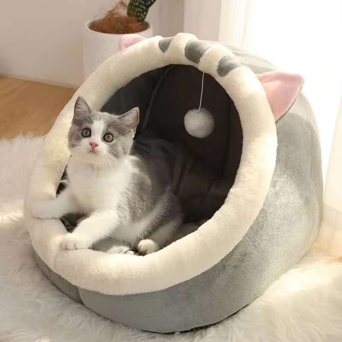 Cartoon Cave Cat Bed – Foldable Semi-Enclosed Deep Sleep Bed for Cats & Small Dogs