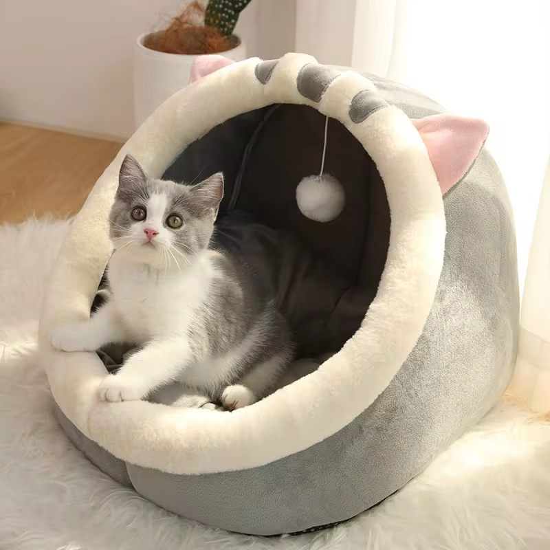 Cartoon Cave Cat Bed – Foldable Semi-Enclosed Deep Sleep Bed for Cats & Small Dogs
