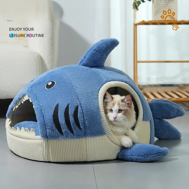 Shark Cave Cat Bed – Warm Semi-Enclosed Pet Hideaway for Cats & Small Dogs