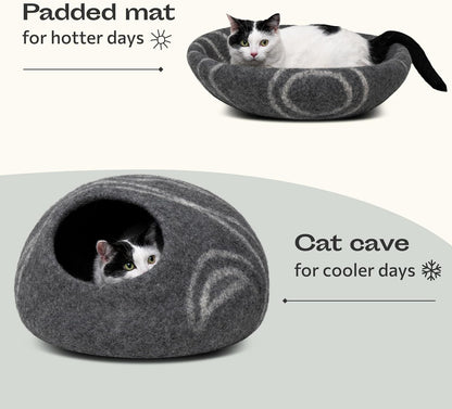 Merino Wool Cat Cave Bed – Handmade Felted Hideaway for Anxious & Indoor Cats