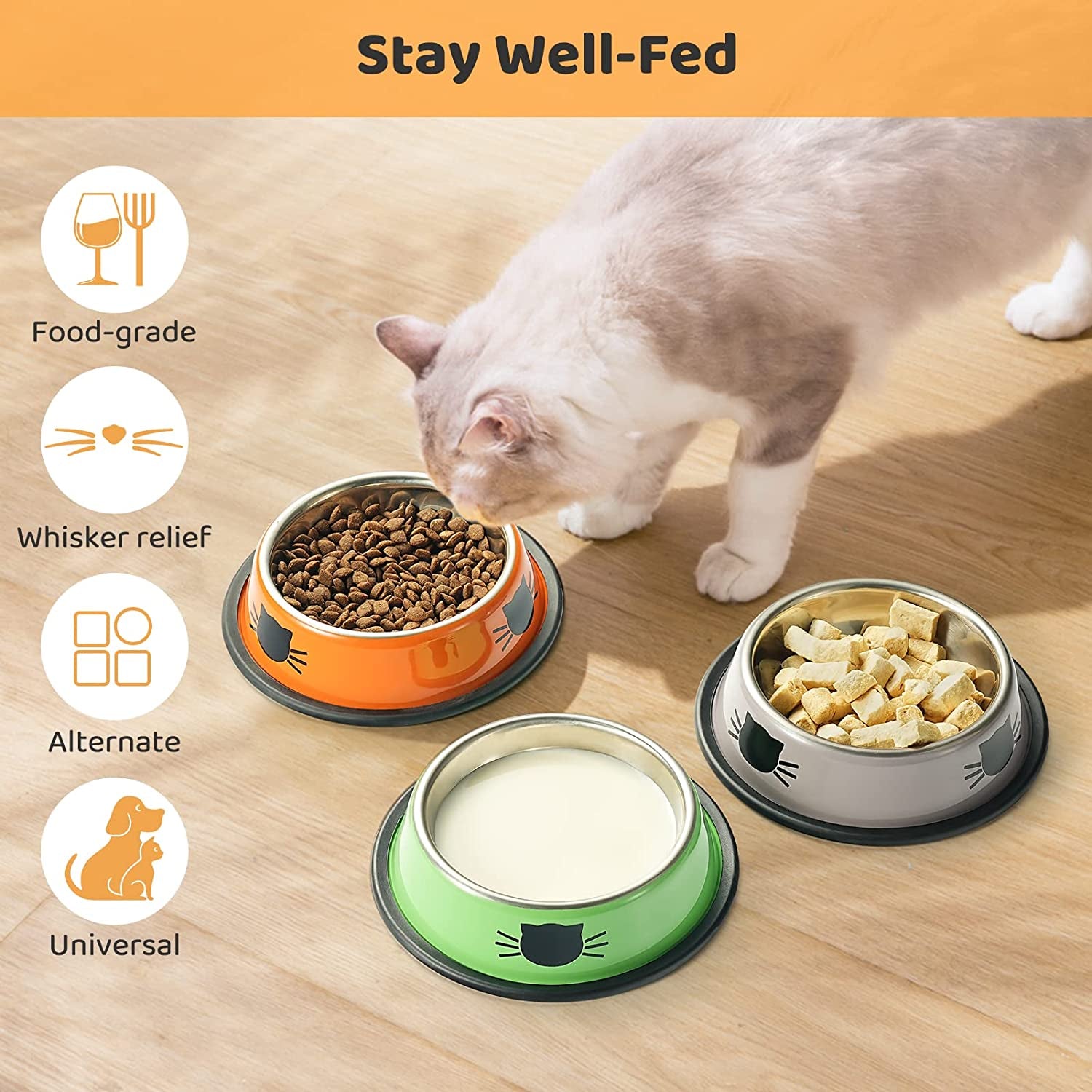 3PCS Pet Bowl Stainless Steel Non-Skid Base Dog Bowl Cat Bowl with 2 Food Scoop (Multicolor)