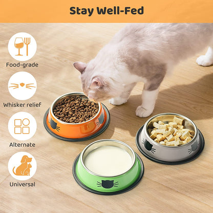 3PCS Pet Bowl Stainless Steel Non-Skid Base Dog Bowl Cat Bowl with 2 Food Scoop (Multicolor)