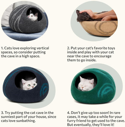 Merino Wool Cat Cave Bed – Handmade Felted Hideaway for Anxious & Indoor Cats